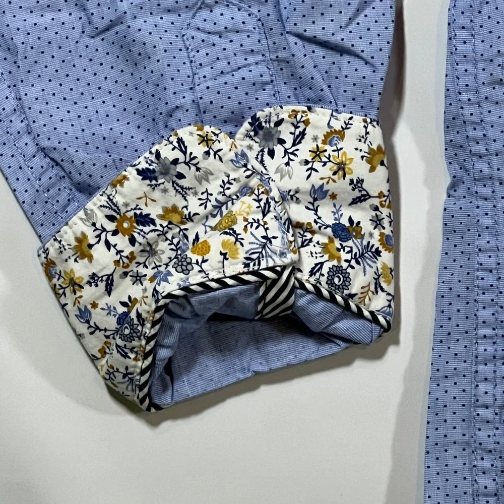 Denim & Flower Button Down Mens Medium Blue Polka‎ Dot Floral Cuff Dapper Shirt